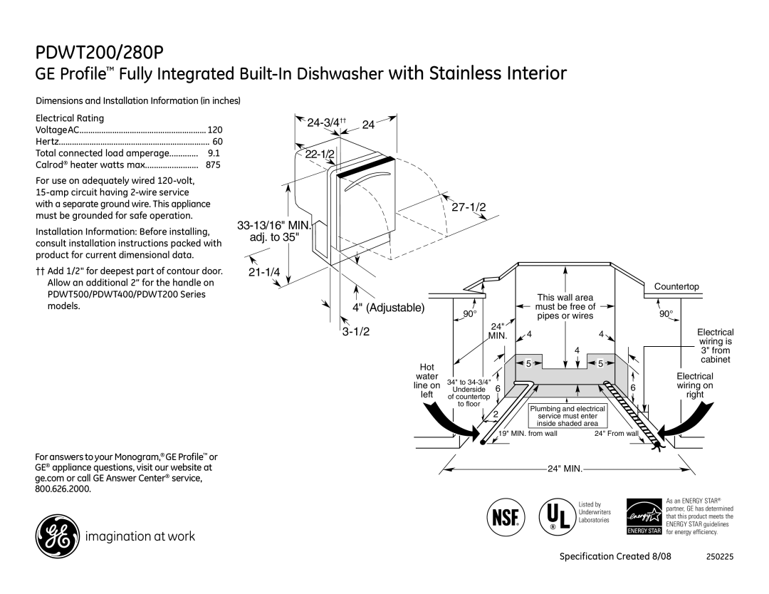 GE PDW9880LSS, PDWT280PSS, PDWT200PBB, PDWT200PWW dimensions 24-3/4 ††, 27-1/2, 21-1/4, Adjustable 3-1/2 