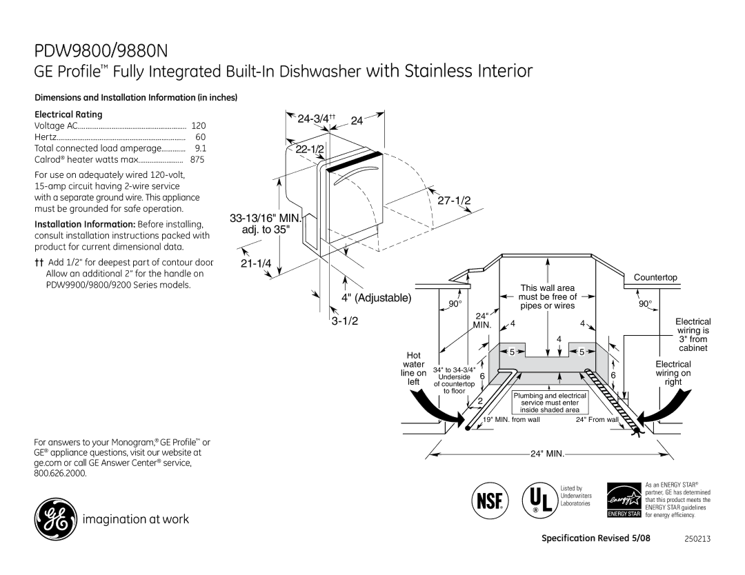 GE PDW9800NWW, PDW9800NBB, PDW9880NSS dimensions 24-3/4 ††, 27-1/2, Adjustable 3-1/2 