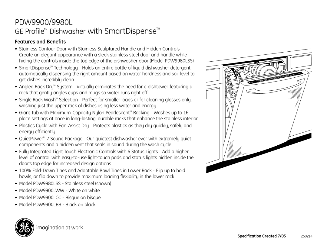 GE PDW9980LSS dimensions PDW9900/9980L, Features and Benefits 