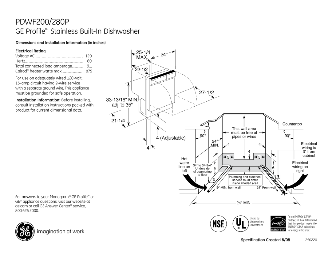 GE PDWF200PWW, PDWF200PBB, PDWF280P dimensions PDWF200/280P, GE Profile Stainless Built-In Dishwasher, 25-1/4 24 MAX 