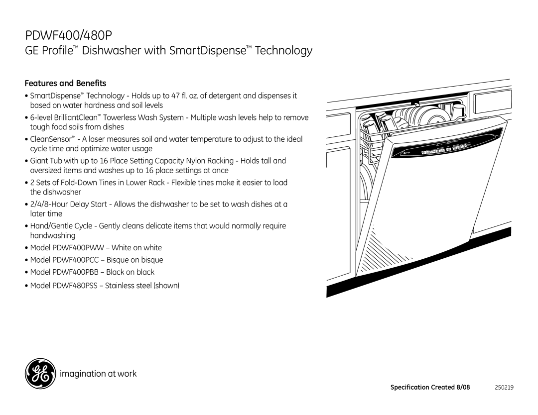 GE PDWF400PWW, PDWF400PBB, PDWF400PCC, PDWF480PSS dimensions Features and Benefits 