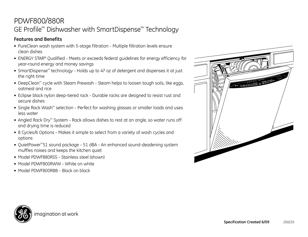 GE PDWF800RWW, PDWF580RSS, PDWF800RBB, PDWF880RSS dimensions Features and Benefits 