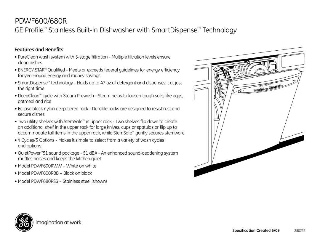 GE PDWF680RSS, PDWF600RWW, PDWF600RBB, PDWF400RBB, PDWF400RWW dimensions Features and Benefits 