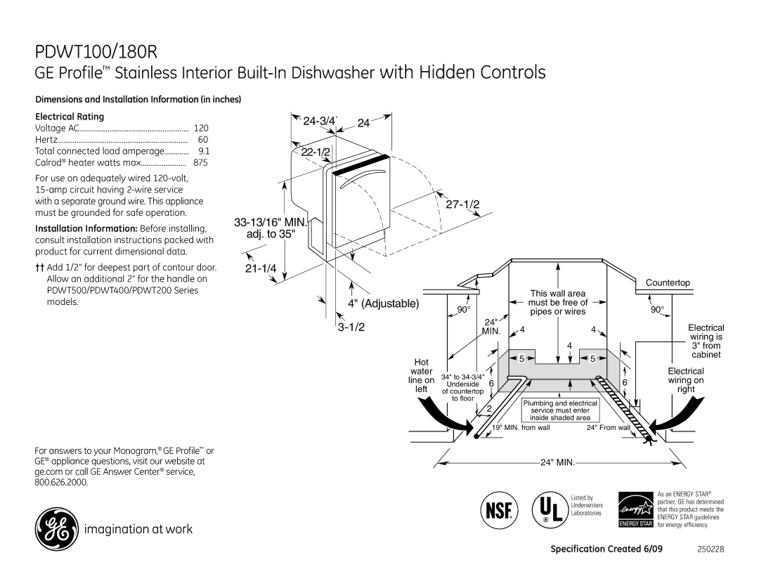 GE PDWT100RWW, PDWT180RSS, PDWT100RBB, CDWT980 dimensions 24-3/4, 27-1/2, Adjustable 3-1/2 