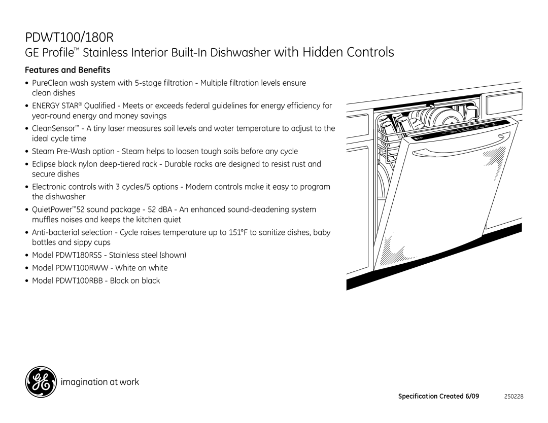 GE PDWT100RBB, PDWT180RSS, PDWT100RWW, CDWT980 dimensions Features and Benefits 