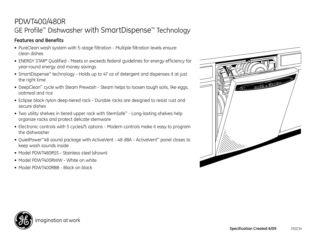 GE PDWT400RWW, PDWT480RSS, PDWT400RBB, PDWF480RSS dimensions Features and Benefits 