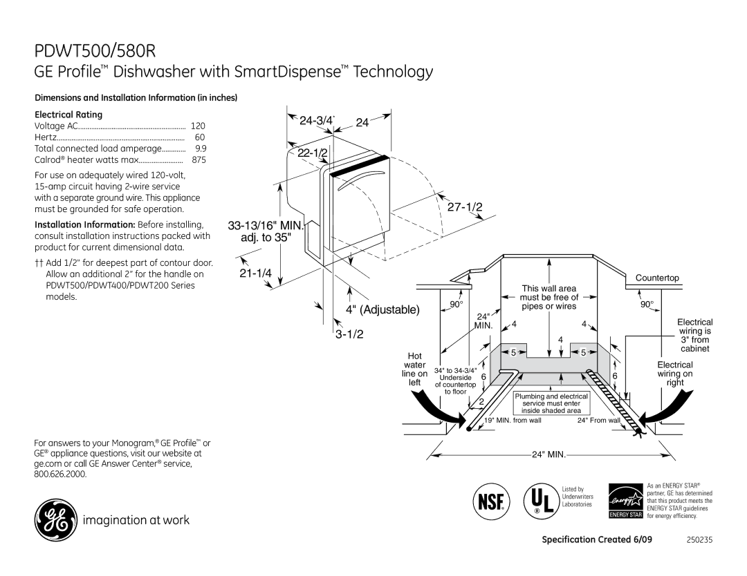 GE PDWT500RWW, PDWT500/580R, PDWT500RBB, PDWT580RSS dimensions 24-3/4, 27-1/2, 33-13/16 MIN, Adj. to, 21-1/4, Adjustable 