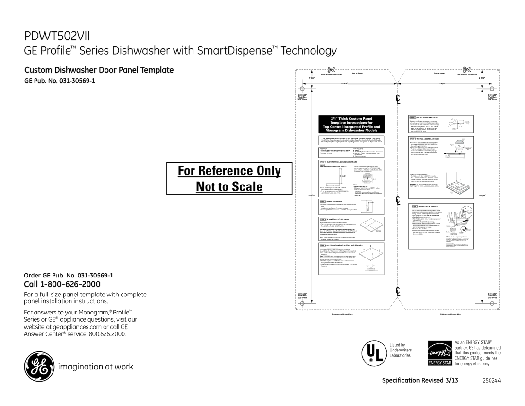 GE PDWT502VII dimensions Custom Dishwasher Door Panel Template, Call, Order GE Pub. No 