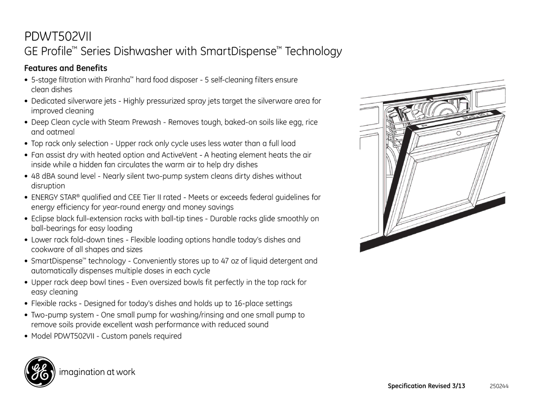GE PDWT502VII dimensions Features and Benefits 
