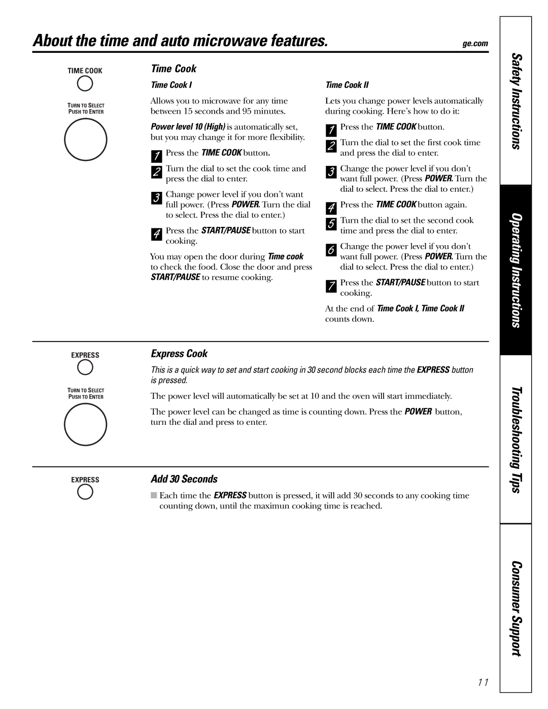 GE PEB1590 owner manual About the time and auto microwave features, Time Cook, Express Cook, Add 30 Seconds 