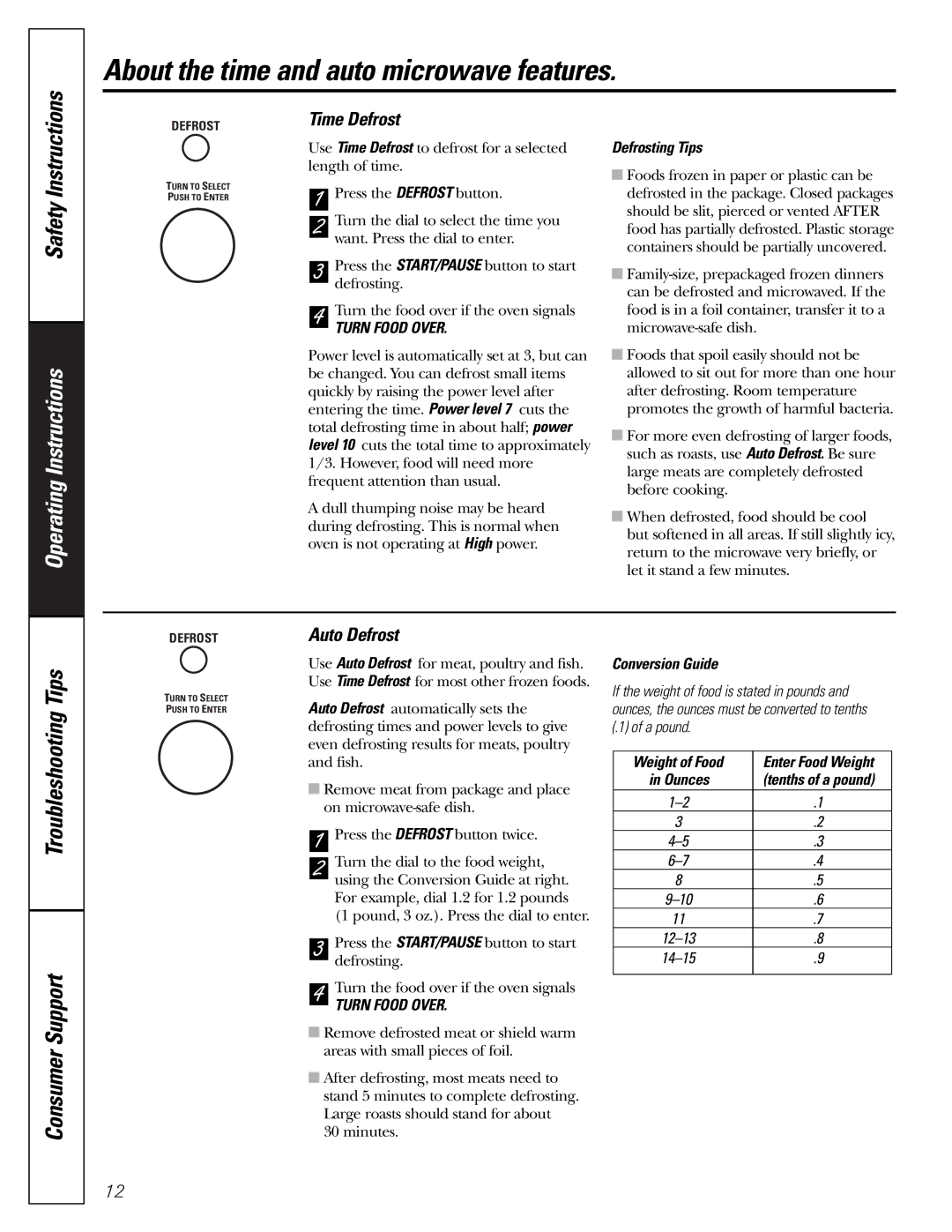 GE PEB1590 owner manual Time Defrost, Auto Defrost, Defrosting Tips, Conversion Guide, Weight of Food 