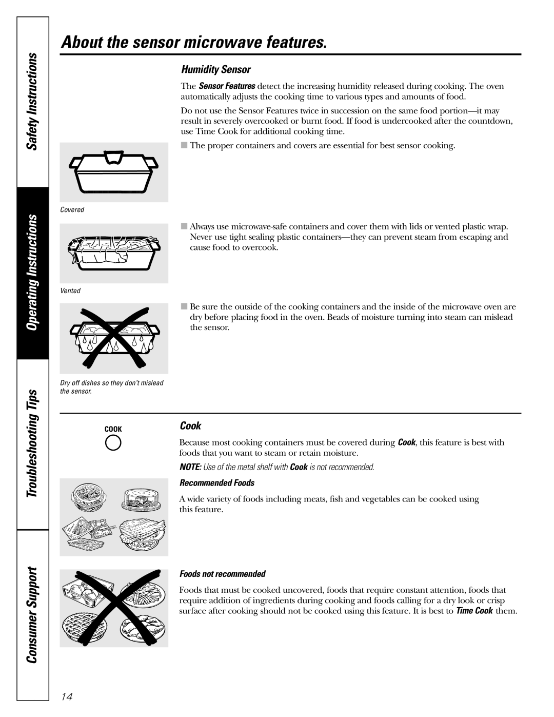 GE PEB1590 owner manual About the sensor microwave features, Humidity Sensor, Recommended Foods, Foods not recommended 