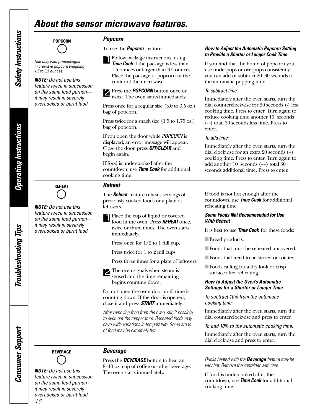 GE PEB1590 owner manual Popcorn, Beverage, With Reheat, Settings for a Shorter or Longer Time 