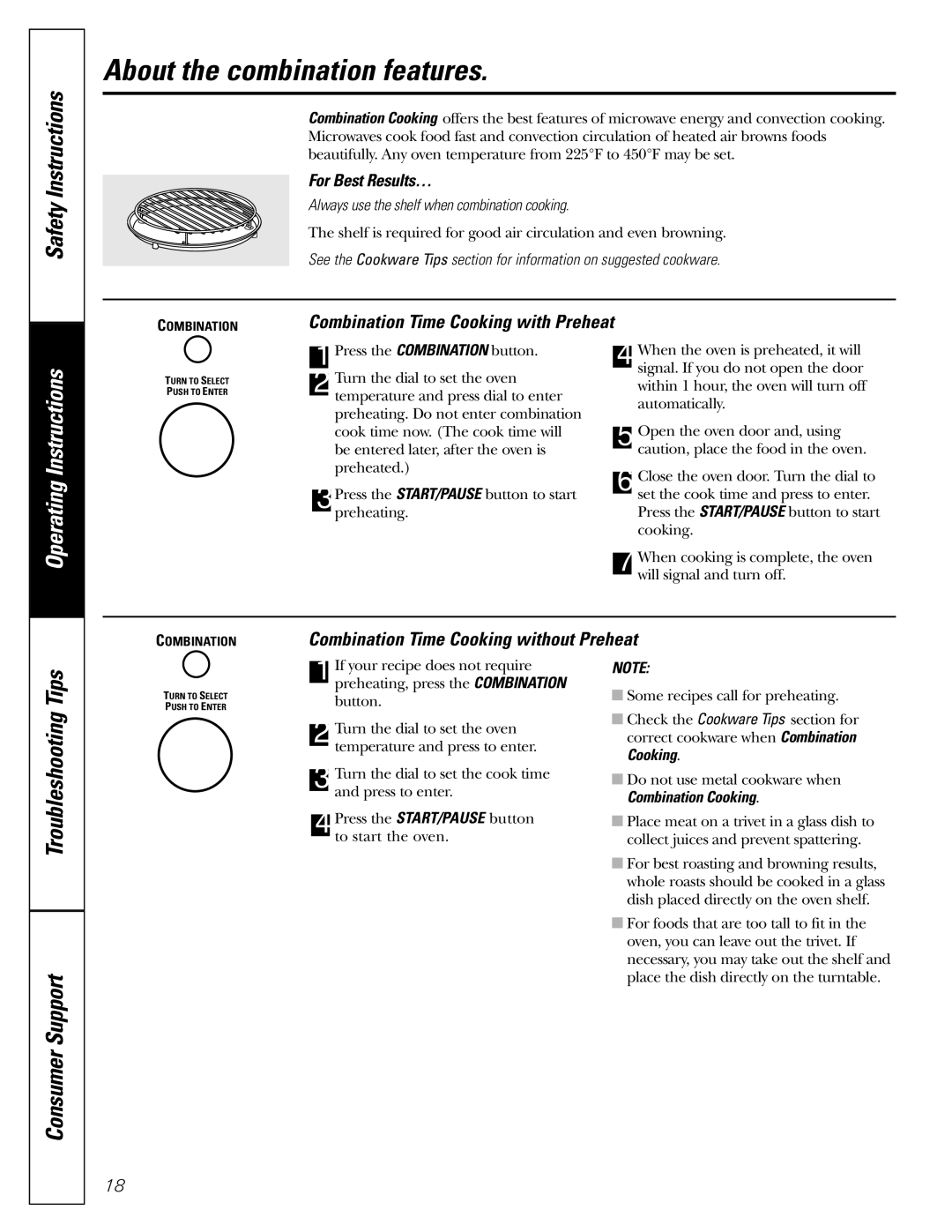 GE PEB1590 About the combination features, Combination Time Cooking without Preheat, Combination Time Cooking with Preheat 