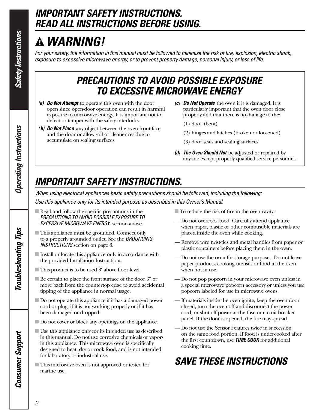 GE PEB1590 owner manual Important Safety Instructions 