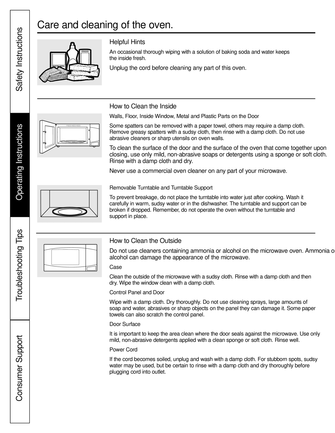 GE PEB1590 owner manual Care and cleaning of the oven, Helpful Hints, How to Clean the Inside, How to Clean the Outside 