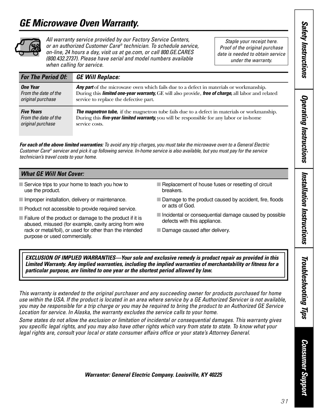 GE PEB1590 owner manual GE Microwave Oven Warranty, GE Will Replace, What GE Will Not Cover, For The Period 