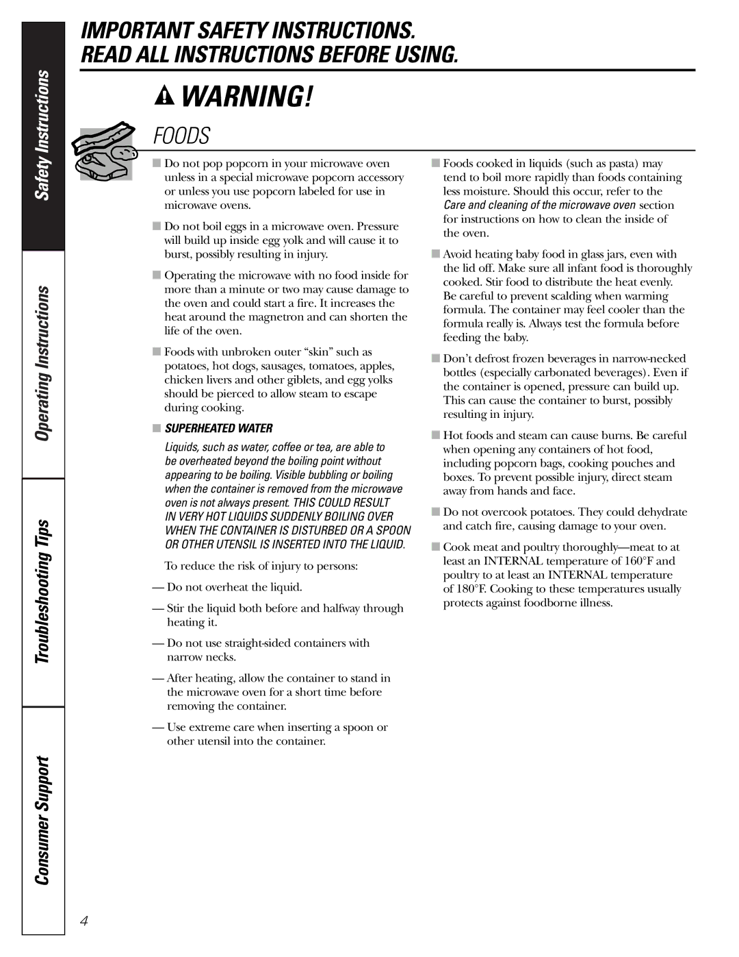 GE PEB1590 owner manual Foods, Superheated Water 