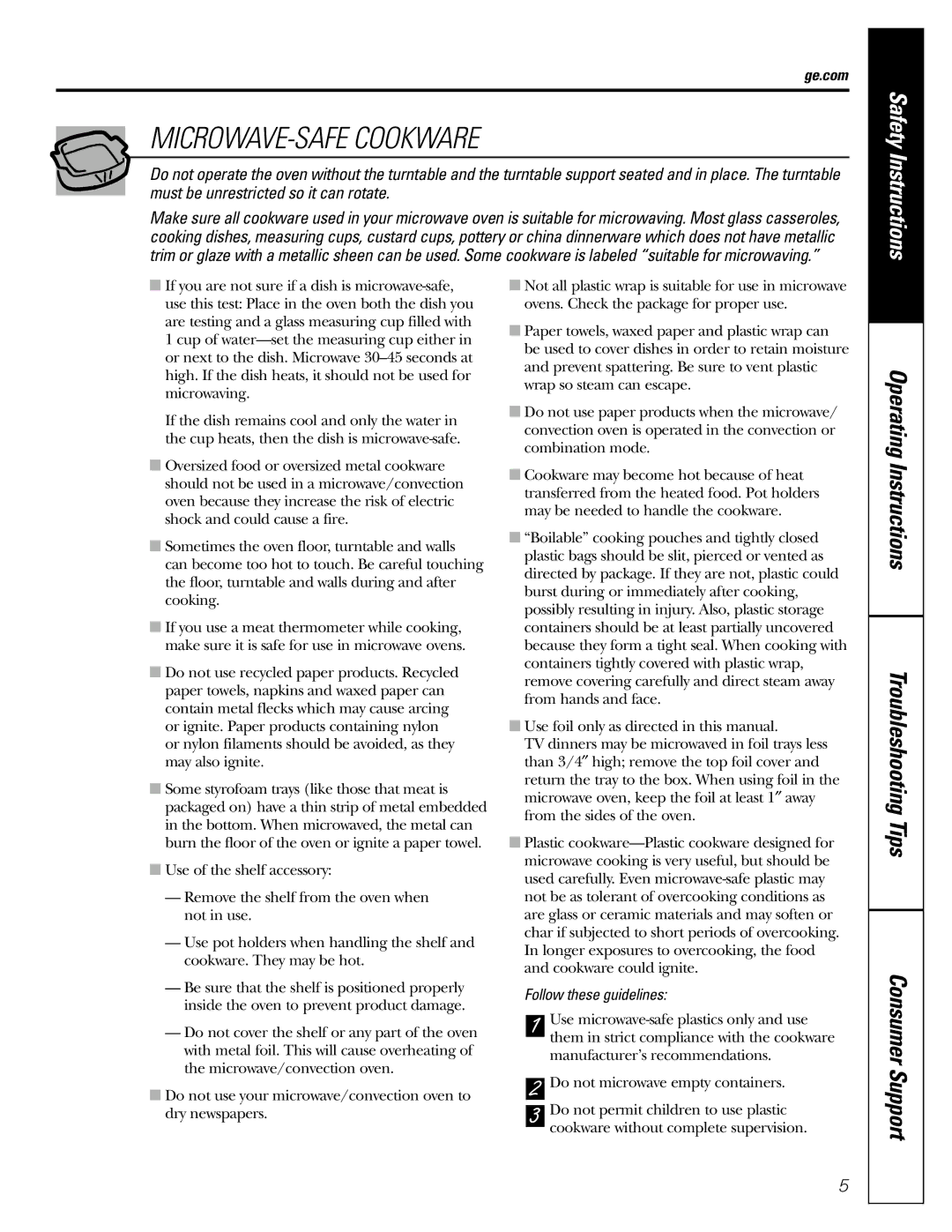 GE PEB1590 owner manual MICROWAVE-SAFE Cookware, Follow these guidelines 