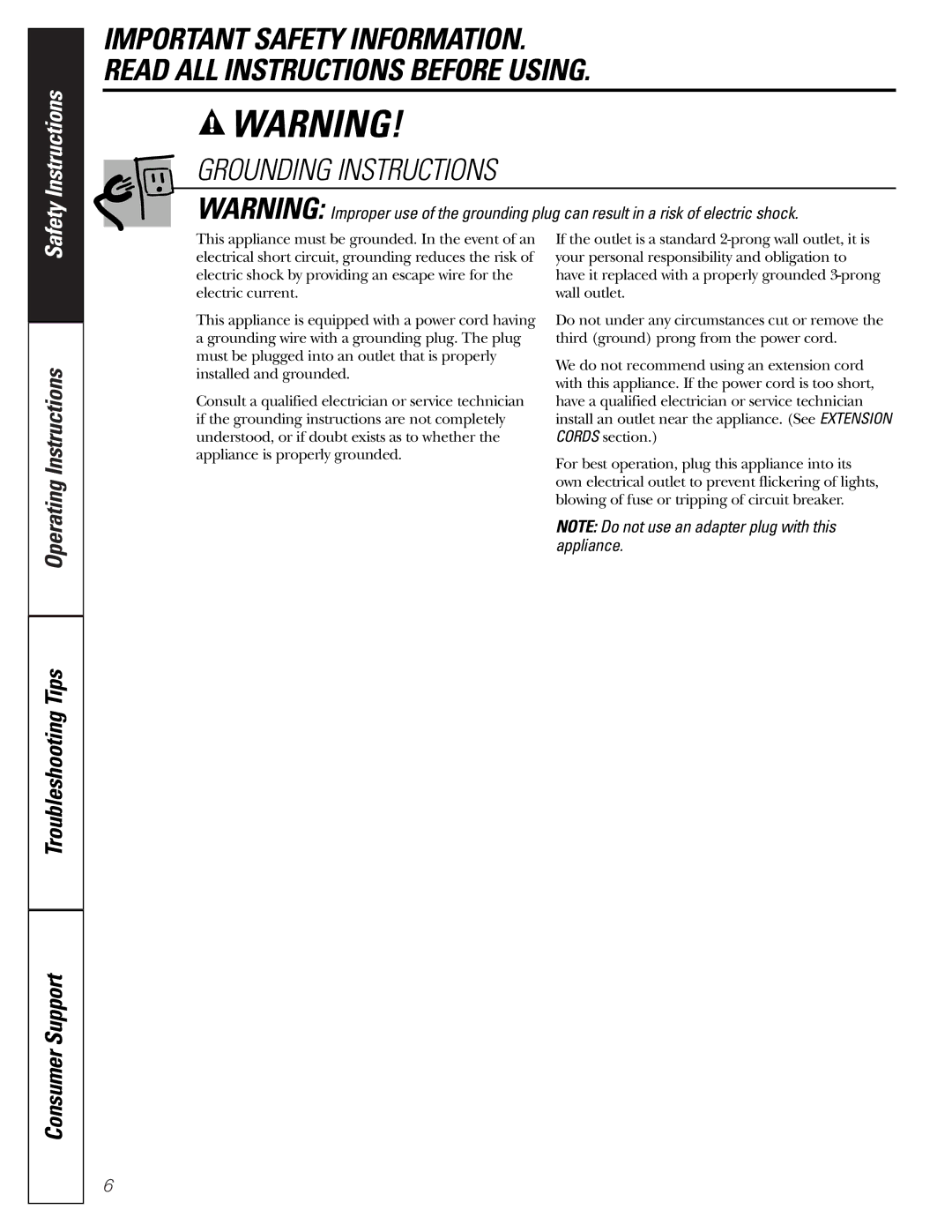 GE PEB1590 owner manual Grounding Instructions 