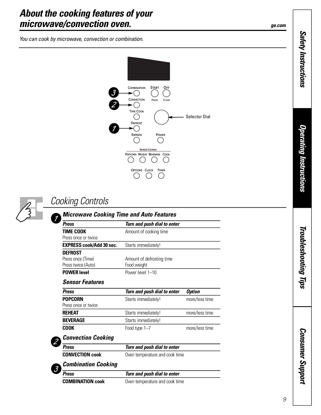 GE PEB1590 owner manual Microwave Cooking Time and Auto Features, Sensor Features, Convection Cooking, Combination Cooking 