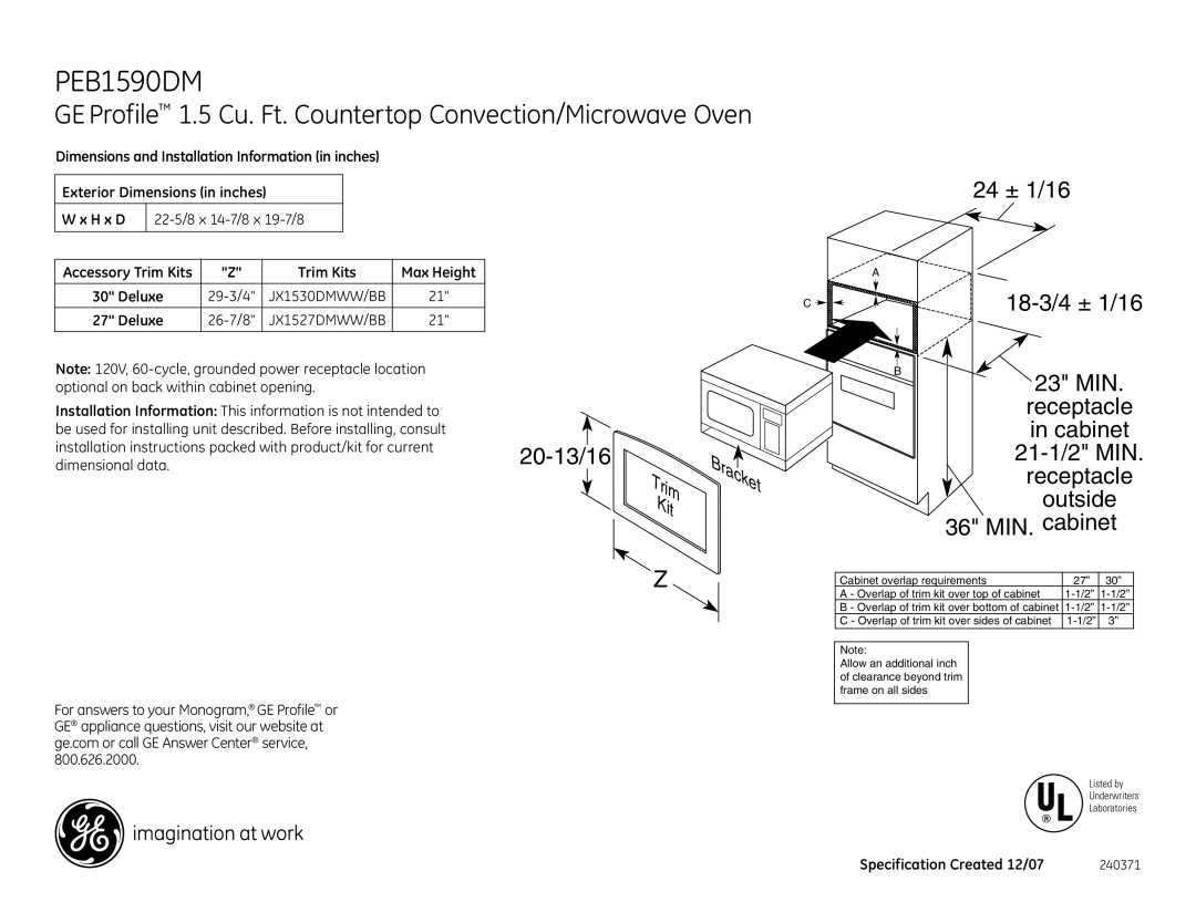 GE PEB1590DMCC dimensions GE Profile 1.5 Cu. Ft. Countertop Convection/Microwave Oven, Tri, Kit 