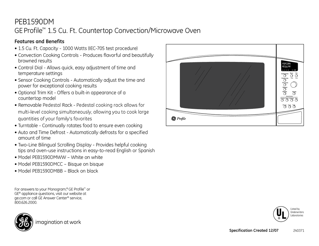 GE PEB1590DMCC dimensions GE Profile 1.5 Cu. Ft. Countertop Convection/Microwave Oven, Features and Benefits 