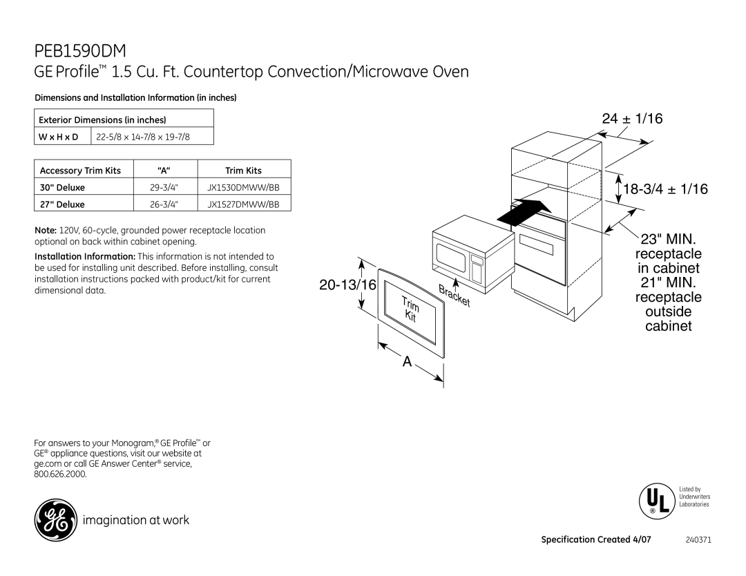 GE PEB1590DMBB dimensions GE Profile 1.5 Cu. Ft. Countertop Convection/Microwave Oven, JX1530DMWW/BB, JX1527DMWW/BB 