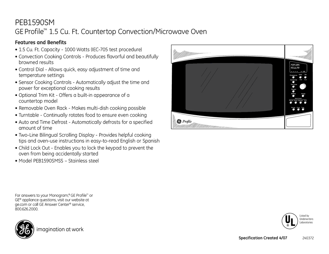 GE PEB1590SM dimensions Features and Benefits 