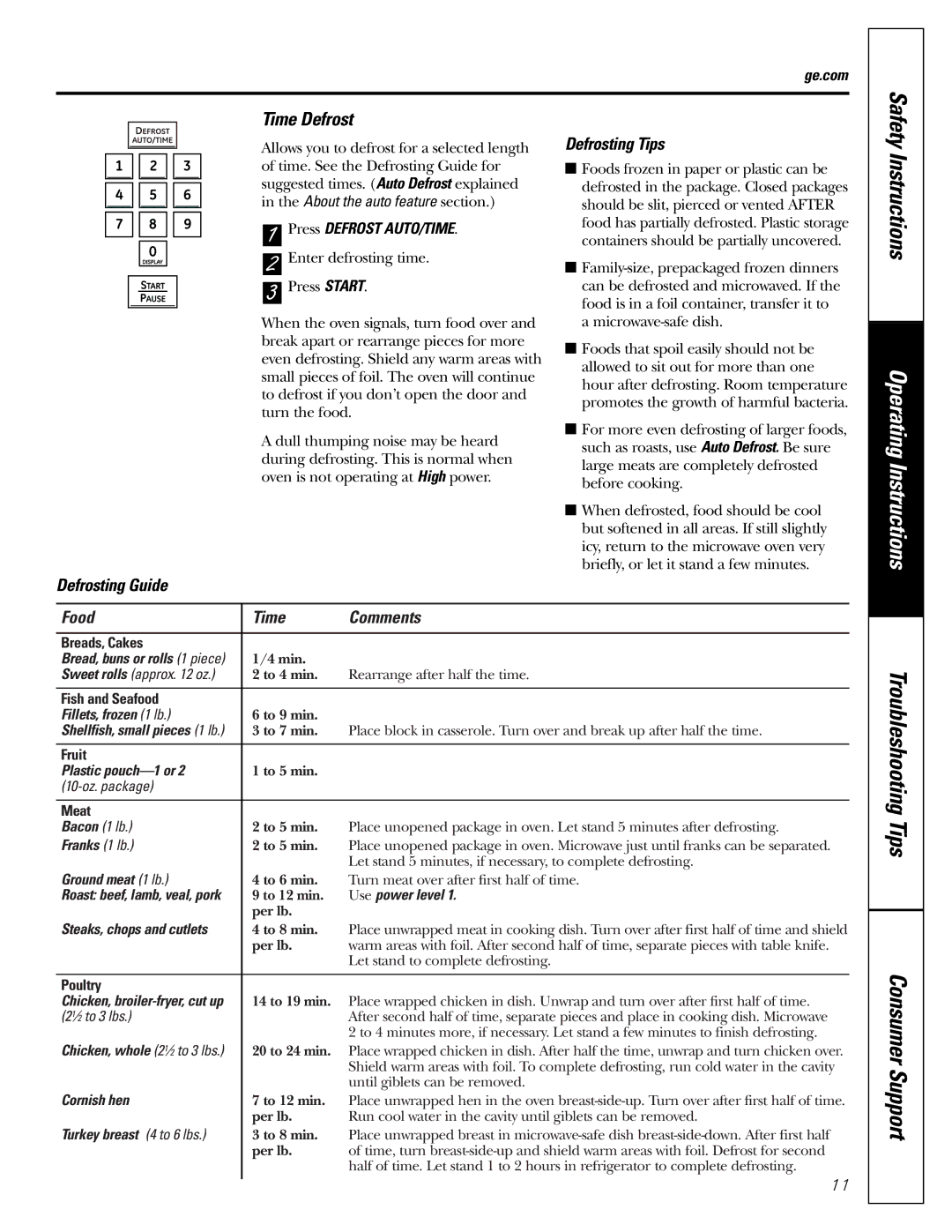 GE PEB2060 owner manual Time Defrost, Defrosting Tips, Defrosting Guide Food Time Comments 