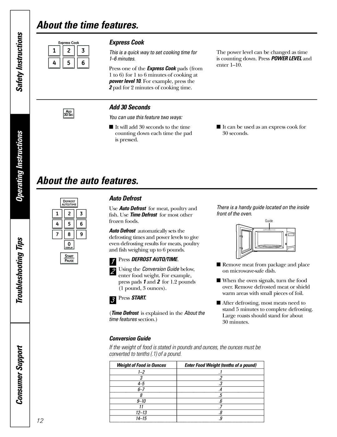 GE PEB2060 owner manual About the auto features, Express Cook, Add 30 Seconds, Auto Defrost, Conversion Guide 