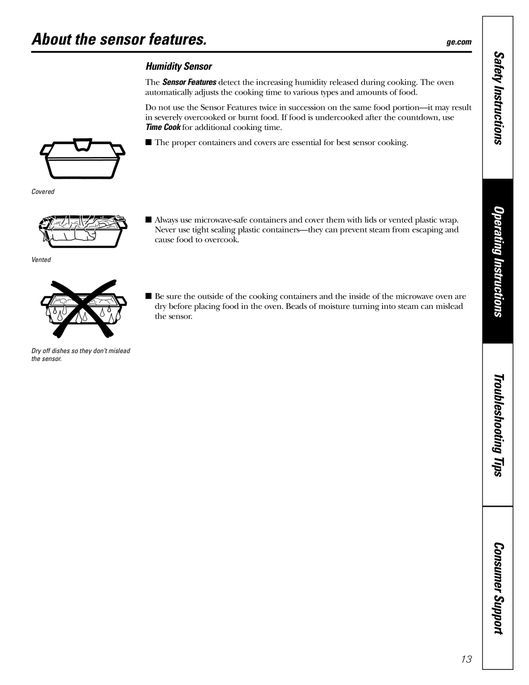 GE PEB2060 owner manual About the sensor features, Humidity Sensor 