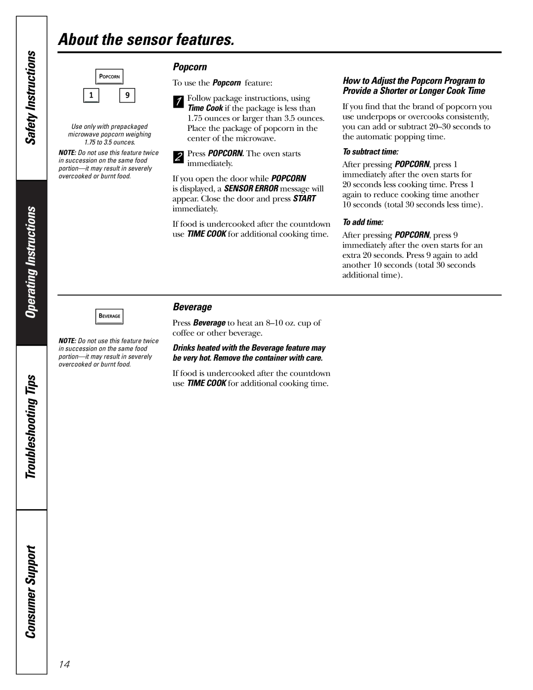 GE PEB2060 owner manual Popcorn, Beverage, To subtract time, To add time 