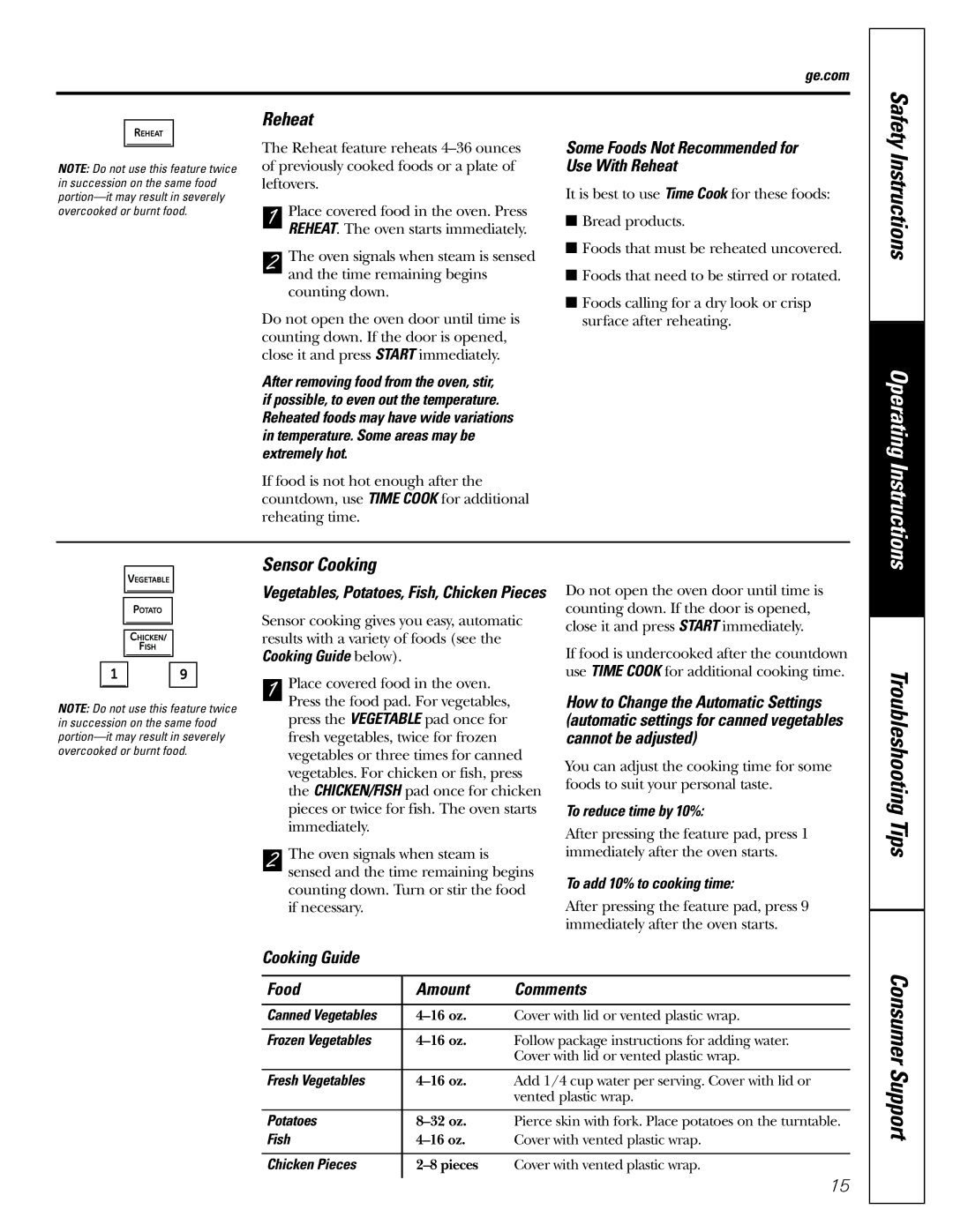 GE PEB2060 owner manual Reheat, Sensor Cooking, Cooking Guide Food Amount Comments 