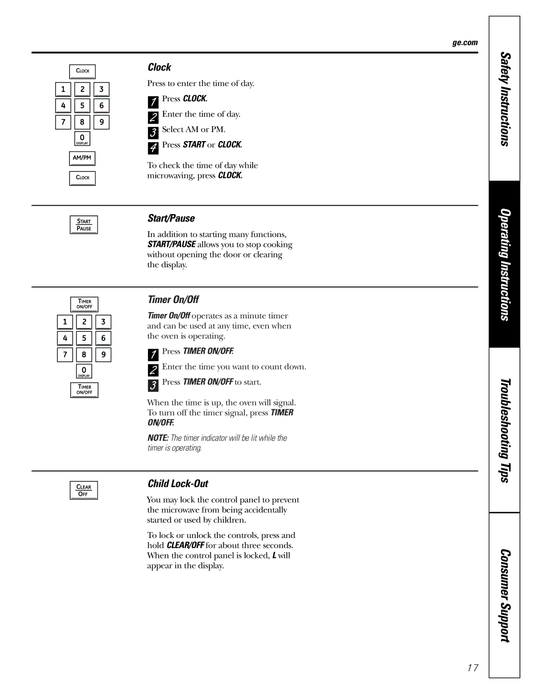 GE PEB2060 owner manual Clock, Start/Pause, Timer On/Off, Child Lock-Out 