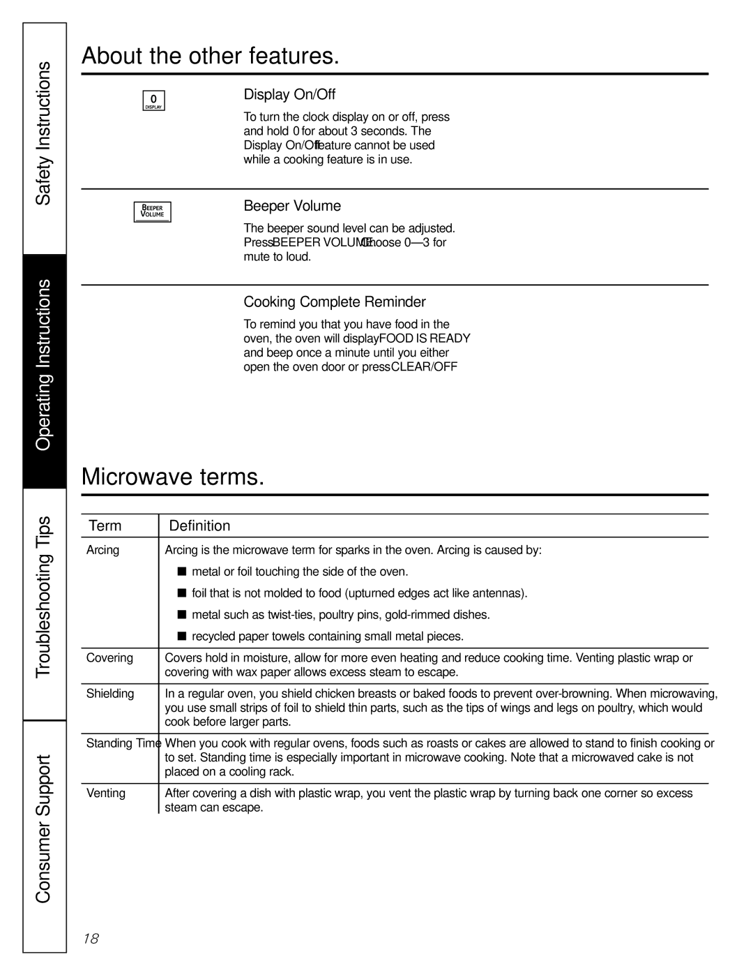 GE PEB2060 owner manual Microwave terms, Display On/Off, Beeper Volume, Cooking Complete Reminder, Term Definition 