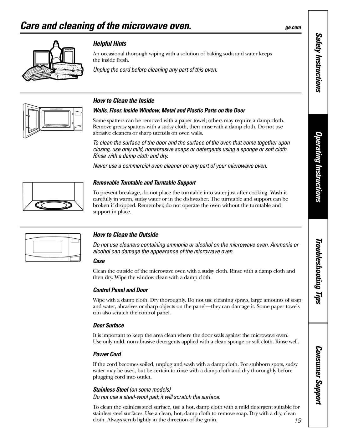 GE PEB2060 Care and cleaning of the microwave oven, Helpful Hints, How to Clean the Inside, How to Clean the Outside 