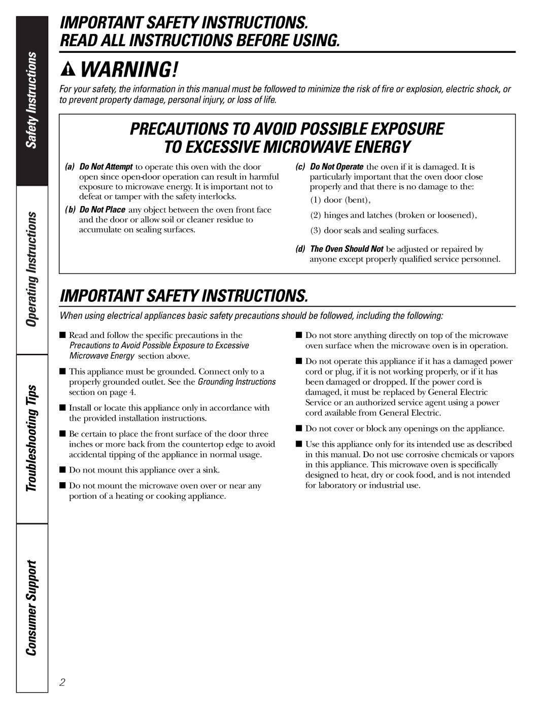 GE PEB2060 owner manual Important Safety Instructions 