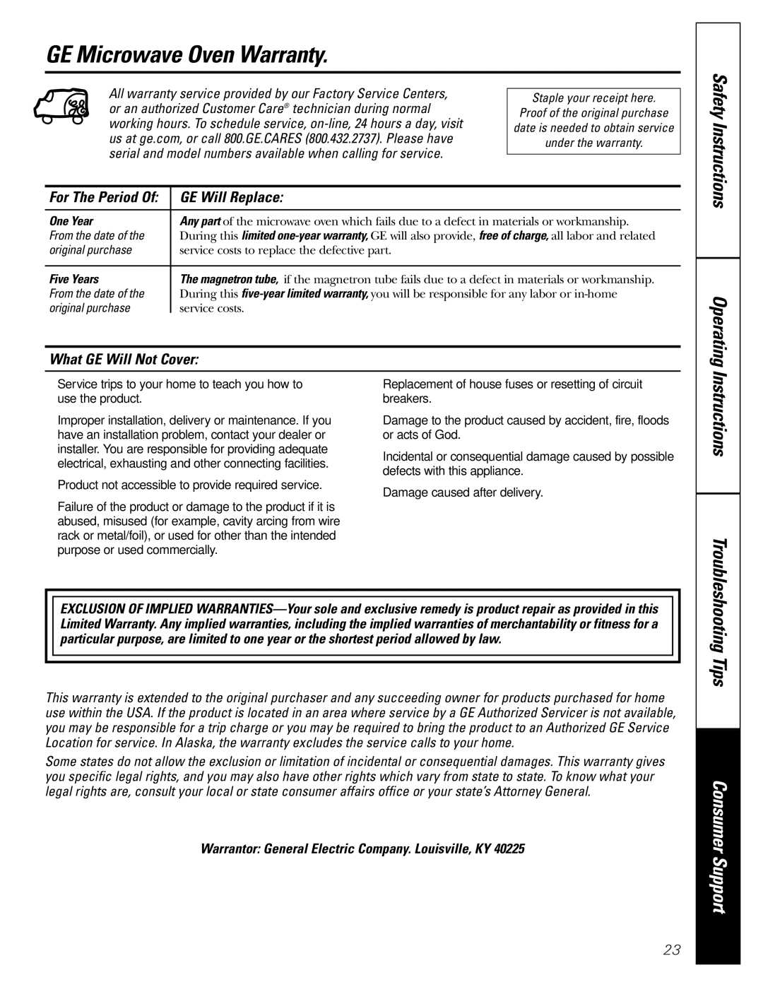 GE PEB2060 owner manual GE Microwave Oven Warranty, GE Will Replace, What GE Will Not Cover, For The Period 