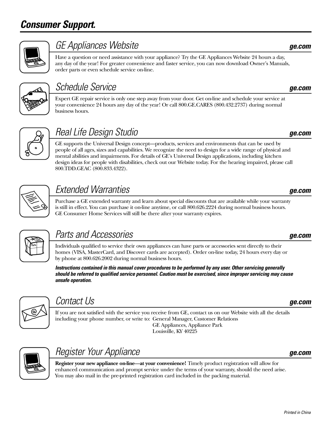 GE PEB2060 Consumer Support GE Appliances Website, Schedule Service, Real Life Design Studio, Extended Warranties 