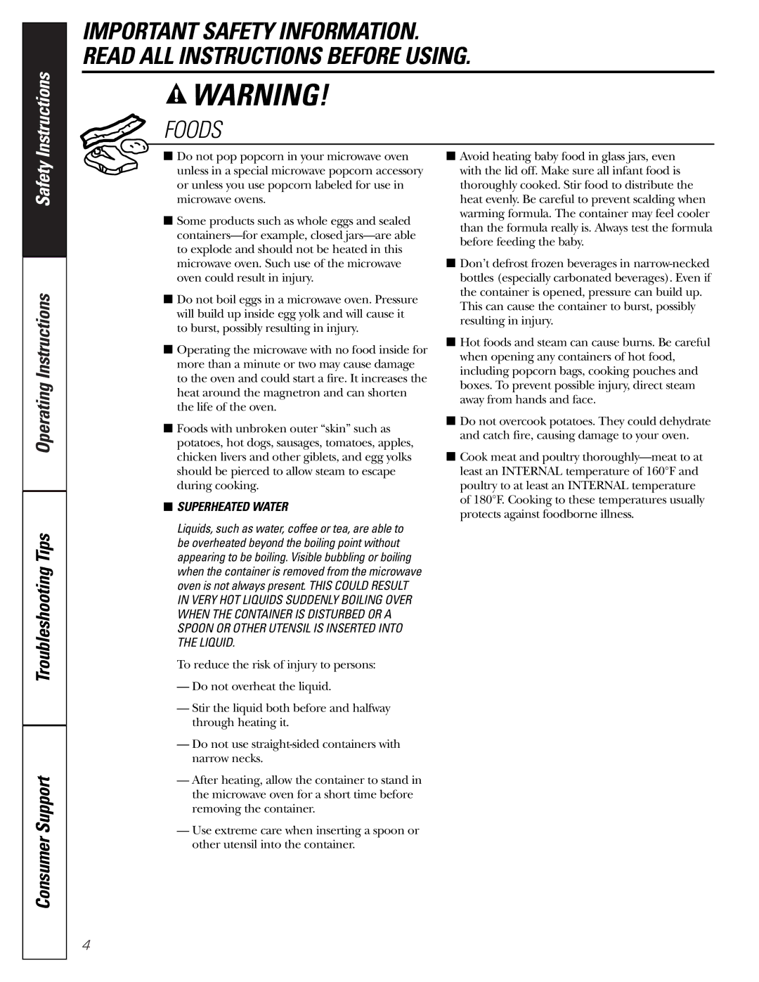 GE PEB2060 owner manual Foods, Superheated Water 