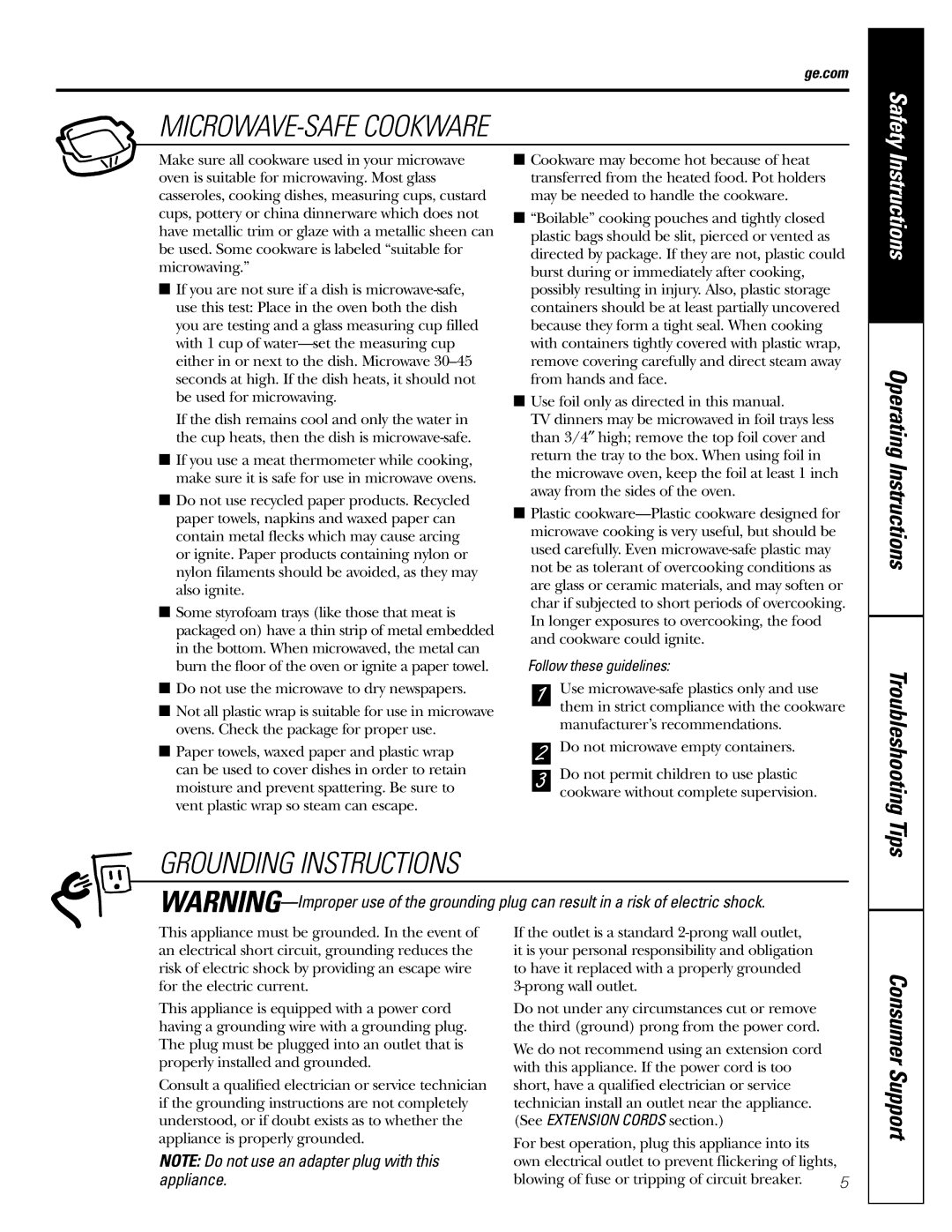 GE PEB2060 owner manual MICROWAVE-SAFE Cookware, Grounding Instructions, Troubleshooting Tips, Follow these guidelines 