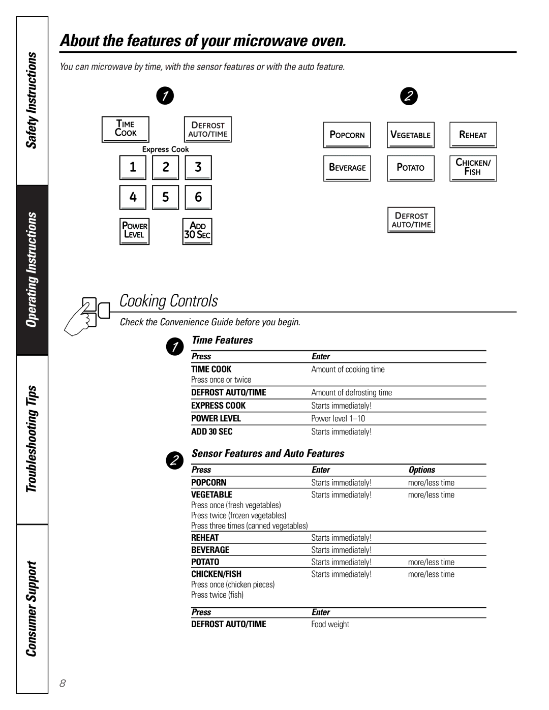 GE PEB2060 owner manual Time Features, Sensor Features and Auto Features 