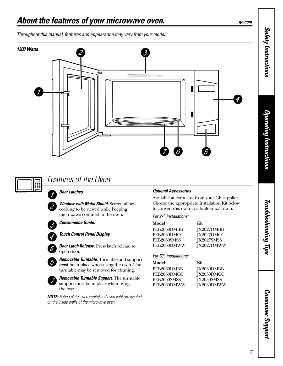 GE PEB2060 About the features of your microwave oven, Features of the Oven, Safety Instructions, Operating Instructions 