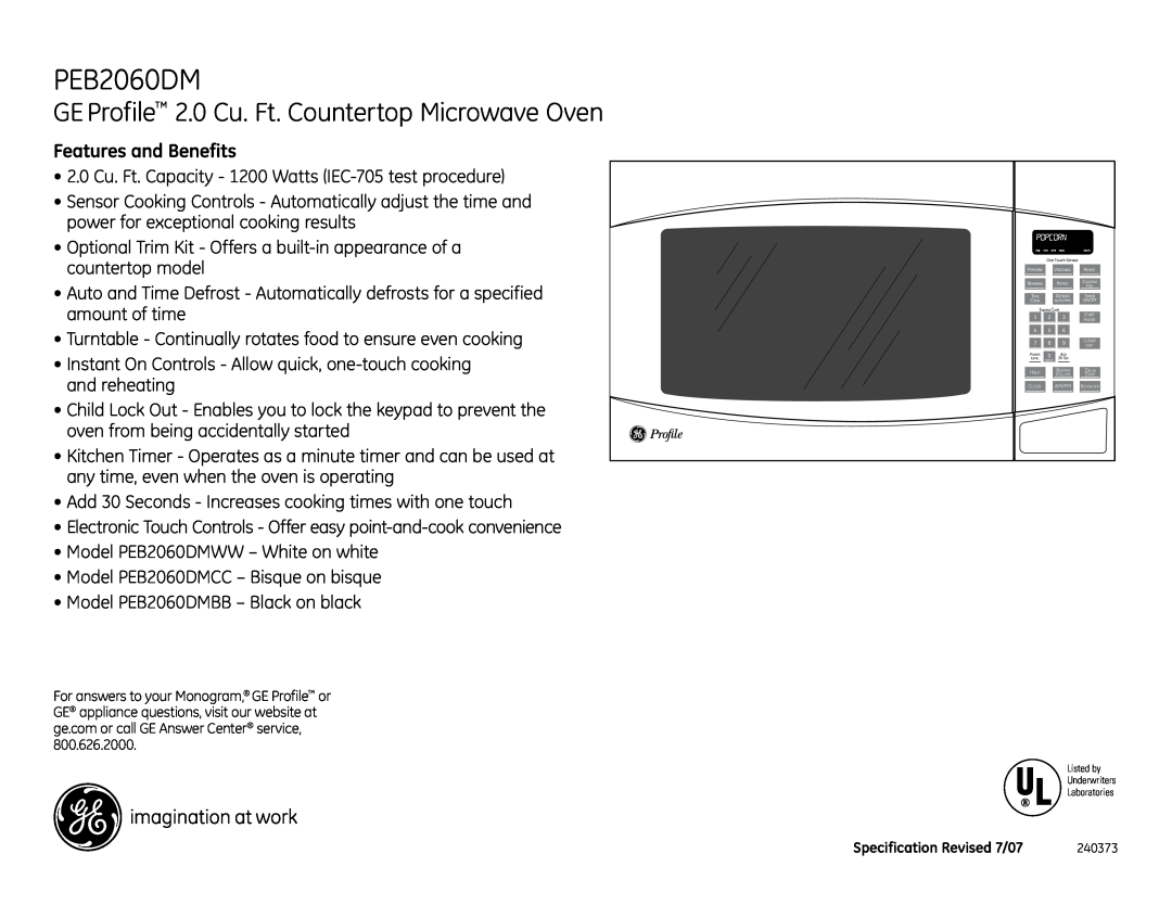 GE PEB2060DMWW dimensions GE Profile 2.0 Cu. Ft. Countertop Microwave Oven, Features and Benefits 
