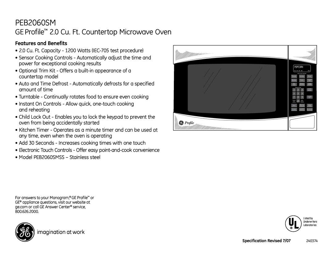 GE PEB2060SM dimensions GE Profile 2.0 Cu. Ft. Countertop Microwave Oven, Features and Benefits 