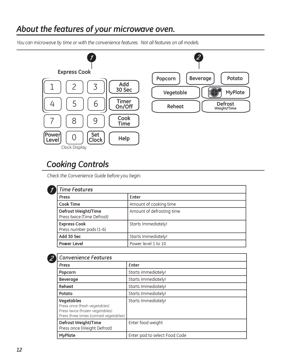 GE PEB7226 owner manual Cooking Controls, Time Features, Convenience Features, Press Enter 