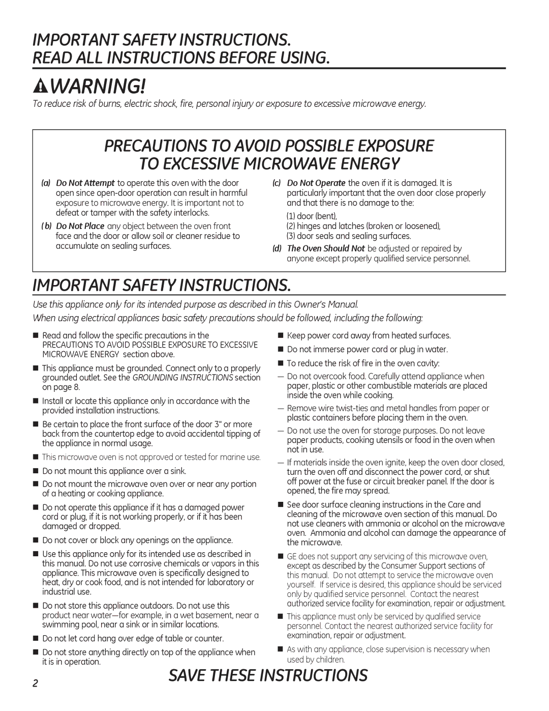 GE PEB7226 owner manual Important Safety Instructions, HdplqdwlrqUhsdluRuDgmxvwphqw 