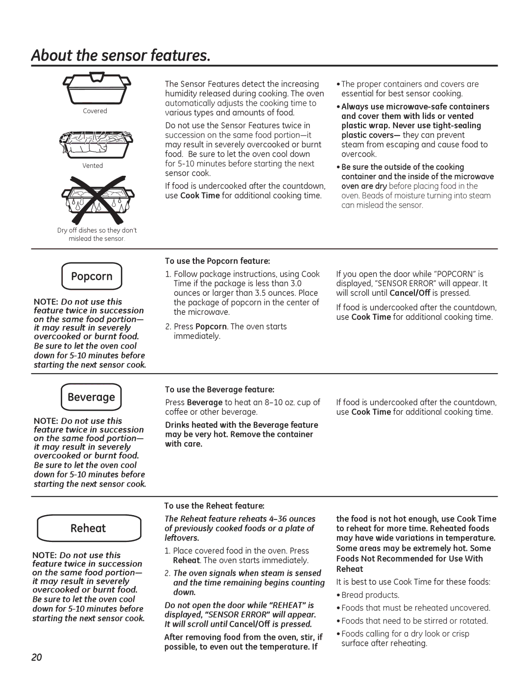 GE PEB7226 owner manual About the sensor features, Do not use the Sensor Features twice, To use the Popcorn feature 