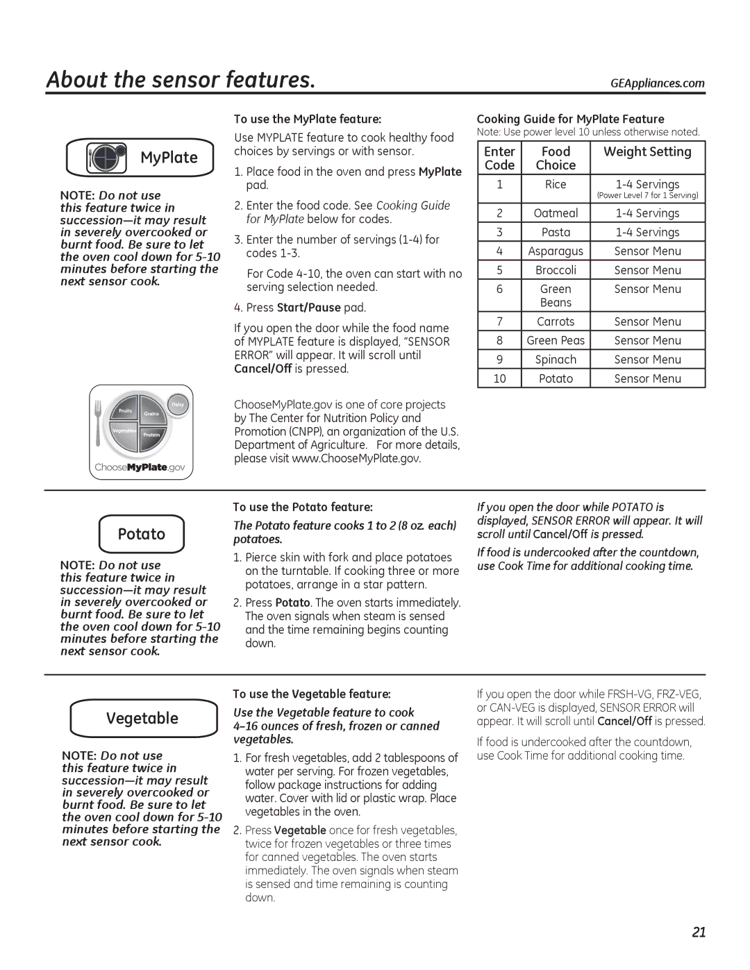 GE PEB7226 owner manual Potato feature cooks 1 to 2 8 oz. each potatoes 